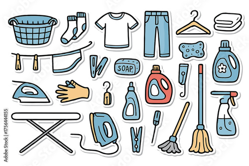 Laundry Icon Sketches. Laundry day doodle icon set: hand drawn icons of basket, socks, shirt, pants, underwear, towel, washing
