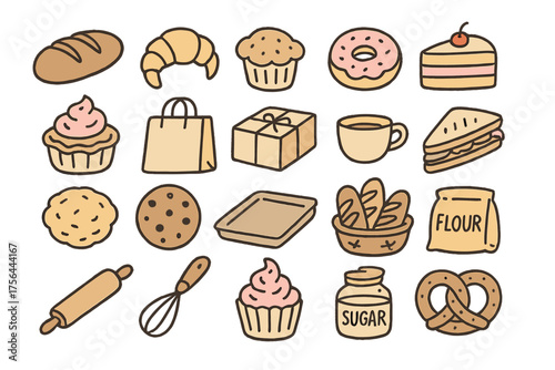 Bakery Doodle Icons. Bakery shop doodle icon set: hand drawn icons of bread loaf, croissant, muffin, pie, donut, cake, tart,