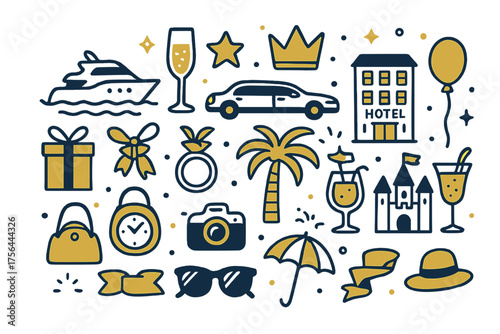 Luxury Travel Icons. Luxury travel doodle icon set: hand drawn icons of yacht, champagne glass, limousine, hotel, crown, star,