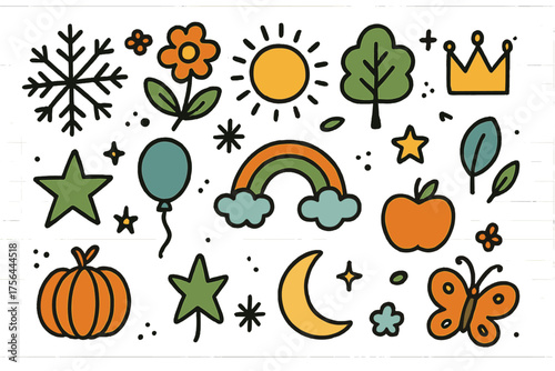 Seasonal Doodle Icons. Season cycle doodle icon set: hand drawn icons of snowflake, flower, sun, leaf, tree, crown, star, balloon,