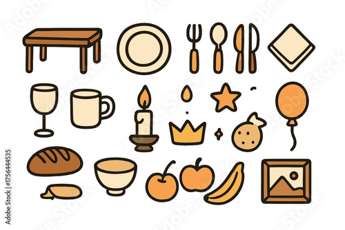 Dining Room Doodle Set. Dining room doodle icon set: hand drawn icons of table, chair, plate, fork, spoon, knife, napkin, glass,