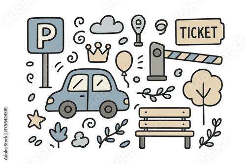 Parking Doodle Icons. Parking doodle icon set: hand drawn icons of car, parking sign, meter, ticket, barrier, wheel, crown, star,