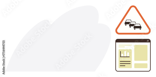 Traffic congestion warning sign near analytics interface featuring charts and data. Ideal for traffic management, road safety, urban planning, technology, data visualization, education, simple flat