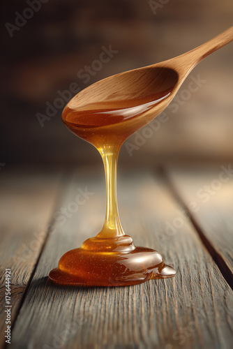 Honey Dripping from Wooden Spoon onto Rustic Surface