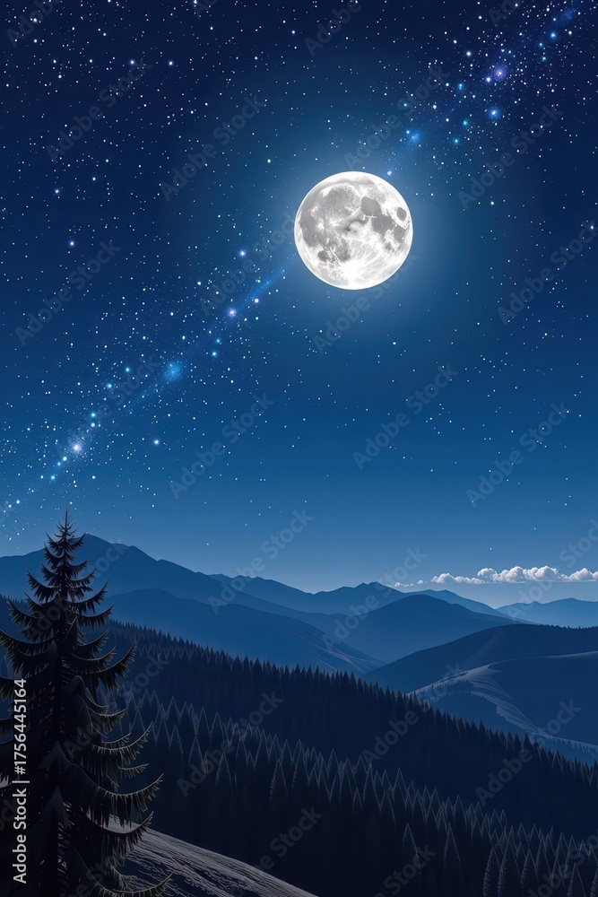 Fototapeta premium Serene night landscape under a bright full moon and a canopy of twinkling stars, starlight, illuminates