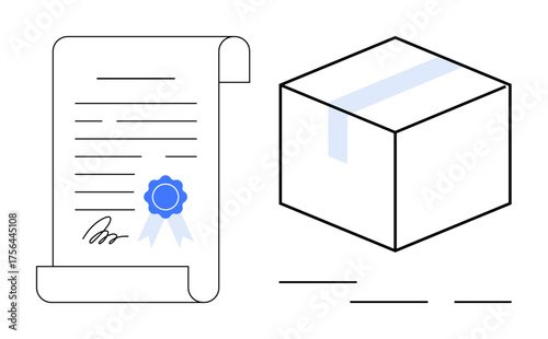 Scroll document with ribbon badge beside a taped shipping box. Ideal for business, shipping, certification, e-commerce, contracts, logistics, licensing, simple flat metaphor