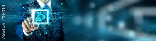 Fotografie Budget planning technology and financial data network connecting with predictive holographic interface accuracy solution for cost optimization