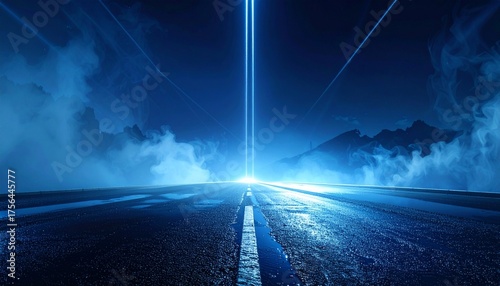 A futuristic road stretches into the distance with a bright light beam emanating from the horizon, surrounded by hazy blue clouds and mountain silhouettes.