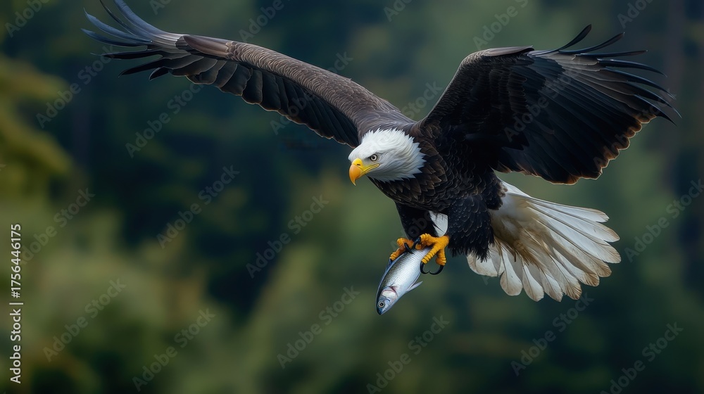 Fototapeta premium Bald eagle in flight carrying a fish in its talons
