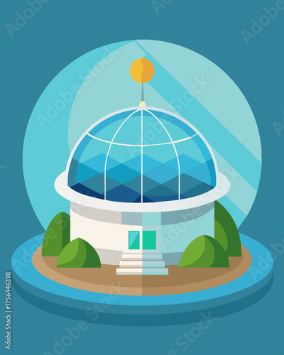 A unique domeshaped beach cabin with a circular skylight that doubles as a solar panel allowing natural light to flood in while also powering the cabins amenities.. Vector illustration