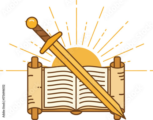 A golden sword resting on an open ancient scroll, symbolizing a quest for knowledge, power, and justice. A minimal logo for history, fantasy, or epic storytelling.