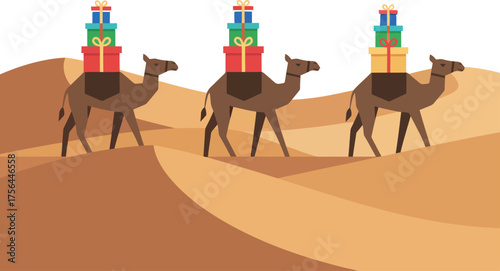 A minimalist scene of the biblical Magi on their journey to Bethlehem. The Three Wise Men follow the Christmas star through the desert with gifts for the holy nativity.