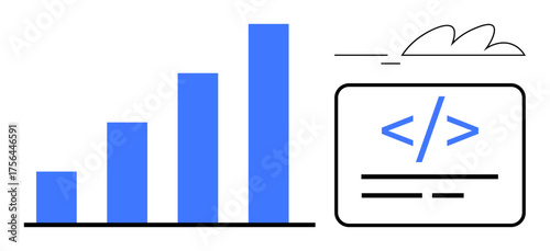 Bar chart showing progress, coding snippet in a frame, cloud element for data, innovation, and technology. Ideal for analytics, programming, cloud computing, tech solutions growth development