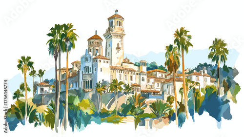 Hearst Castle. Hearst Castle hand drawn watercolor illustration