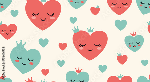 Cute heart illustrations with crowns and happy faces in pastel colors and seamless pattern.