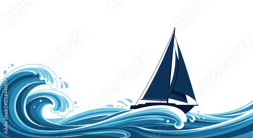A dark blue sailboat glides through large ocean waves under a bright sky.