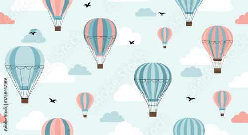 A charming collection of hot air balloons floating gently through the sky among soft clouds and small birds.