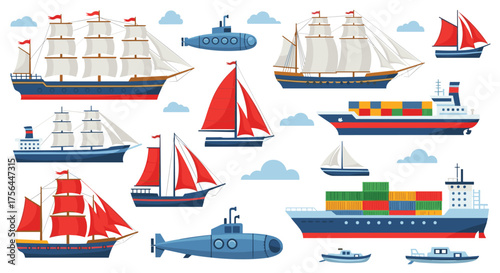 A colorful collection of various maritime vessels and sailing ships on a white background with clouds.