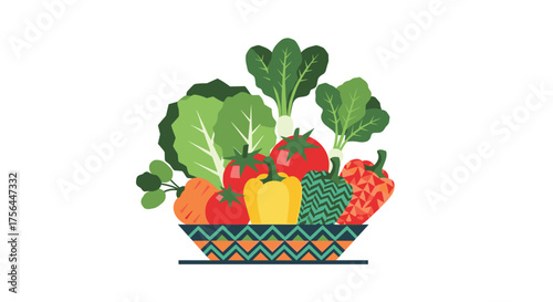 A vibrant basket overflowing with a colorful assortment of fresh healthy vegetables and leafy greens.