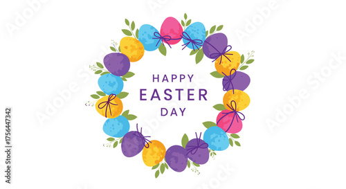 Decorative easter wreath featuring colorful eggs and spring foliage with happy easter day greeting.