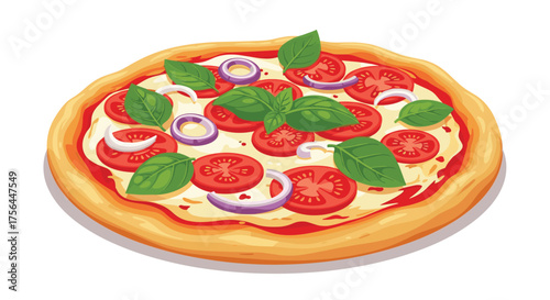 Delicious fresh tomato and basil pizza with onion on a golden crust.