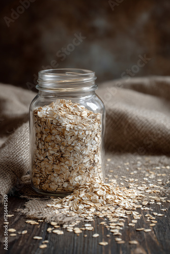 Mason Jar with Scattered Grains on Rustic Table