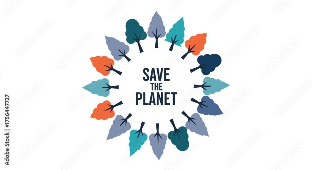 Obraz premium A circle of colorful trees surrounds the words save the planet.