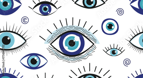 A collection of blue evil eye symbols and abstract swirls creating a repetitive pattern.