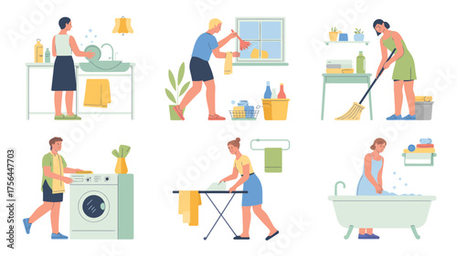 People cleaning different rooms and doing household chores