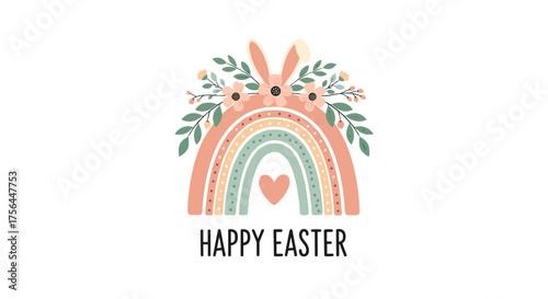 A beautiful rainbow with bunny ears and flowers wishing everyone a happy easter.