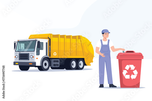 Sanitation worker with recycling bin next to a yellow garbage truck