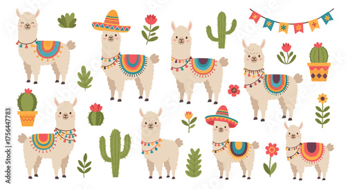 Cute and festive llamas wearing colorful blankets and hats enjoying a fiesta.