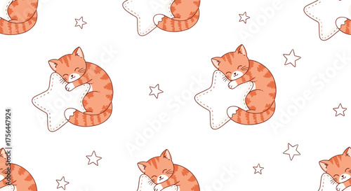A cute little orange tabby kitten sleeping soundly while hugging a fluffy white star.