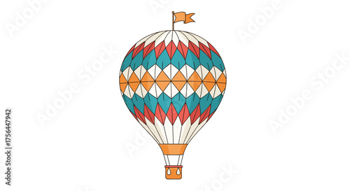 A vintage hot air balloon with a colorful patterned envelope and a small flag at the top.