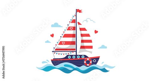 A charming sailboat with red and white striped sails navigates the gentle waves on a clear day.