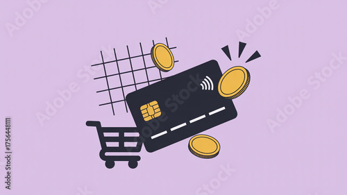 A credit card with coins and a shopping cart on a purple background in a digital illustration