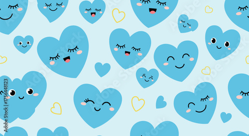 A delightful pattern featuring many cute blue hearts with smiling faces and closed eyes set against a soft blue background with smaller yellow heart outlines.