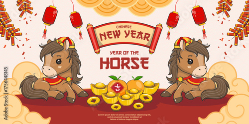 Happy Chinese New Year 2026 Year Of The Horse On Banner Design, Cute Vector Cartoon Illustration