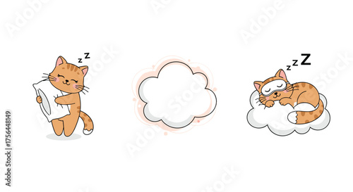 Adorable cartoon kittens enjoying a peaceful nap on fluffy clouds and pillows.