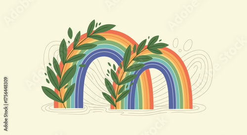 A beautiful rainbow arches over lush green leaves on a soft yellow background.
