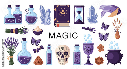 Collection of magical potion bottles crystals and arcane objects.