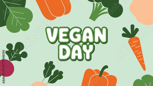 Vector art of vegan day world vegan day celebration with fresh vegetables and fruits on a light green background