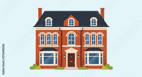 A detailed illustration of a charming two-story brick home with a dark roof and bay windows.