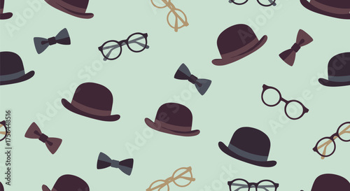 A playful collection of gentlemanly accessories including hats bow ties and glasses scattered across a mint green background.