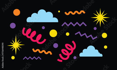 Colorful and vibrant vector illustration featuring playful shapes stars, clouds, and confetti against a dark background.