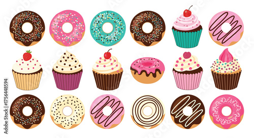 A delightful assortment of sweet treats including frosted donuts and decorated cupcakes.
