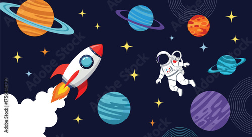 A colorful cartoon depiction of a rocket launching into space with an astronaut floating nearby amidst planets and stars.