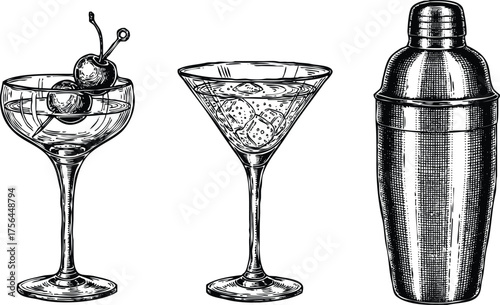Cocktail shaker and two cocktail glasses isolated on transparent background