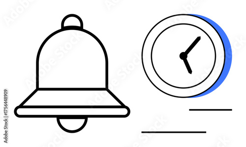 Bell icon symbolizing alert or notification beside a clock representing time management. Ideal for reminders, alerts, productivity, scheduling, deadlines, punctuality, simple flat metaphor
