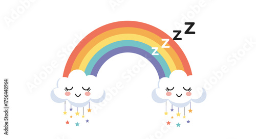 A sleepy rainbow with gentle clouds and falling stars creating a peaceful dreamscape.